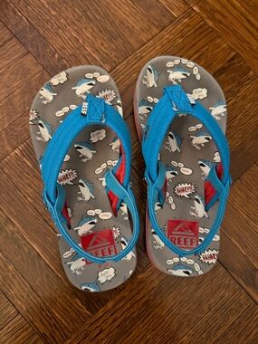Reef Kids Blue and Gray Shark Graphic Sandals